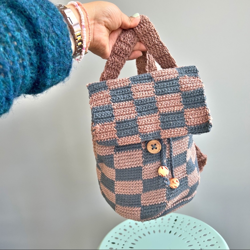 Crochet Checkered Mini Backpack Y2K aesthetic dusty blue Handmade
